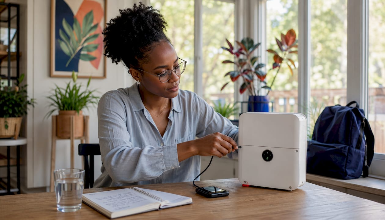 Woman using portable solar generator inside loft