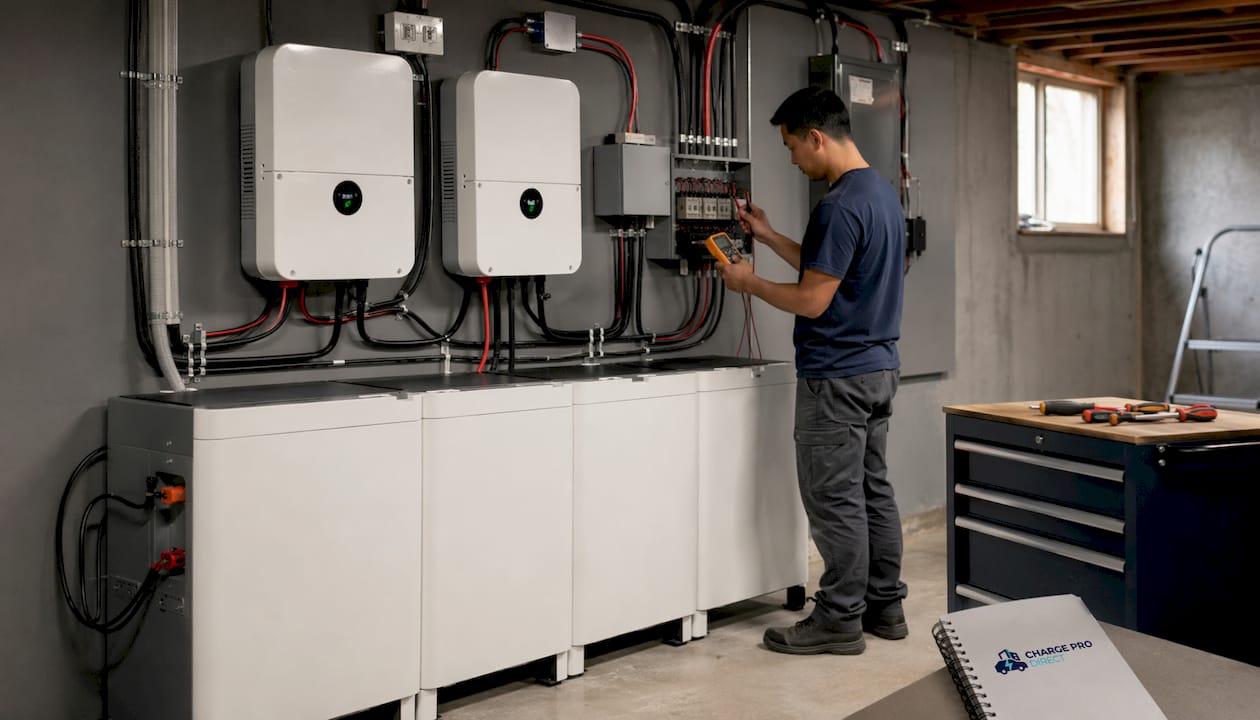 Technician inspecting home backup solar generator setup