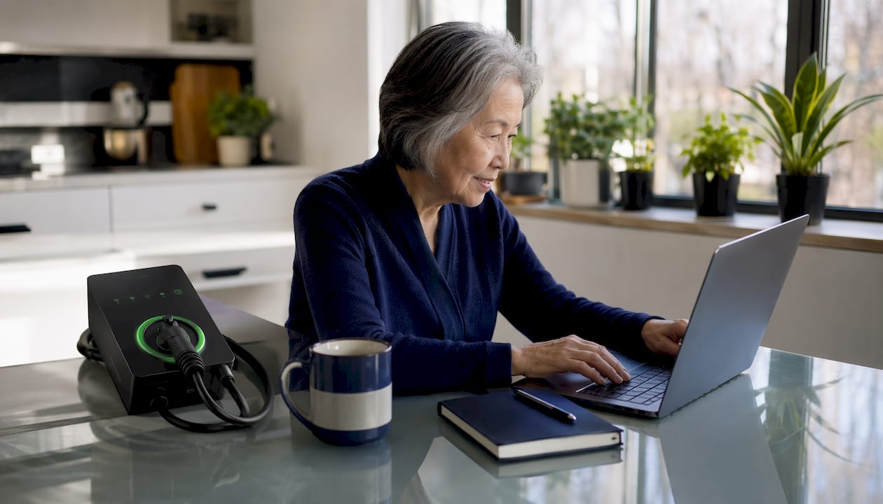 Elderly woman scheduling EV charging on laptop