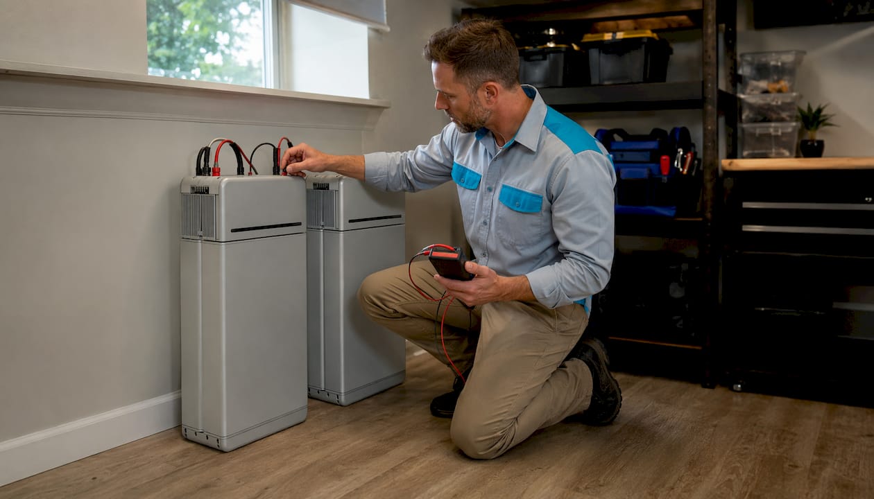 Hands inspecting battery backup units in utility room