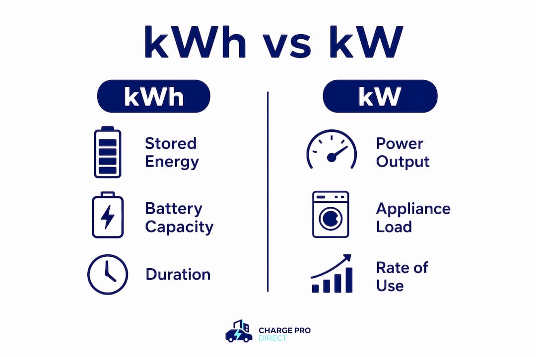 Infographic comparing battery kWh and kW differences