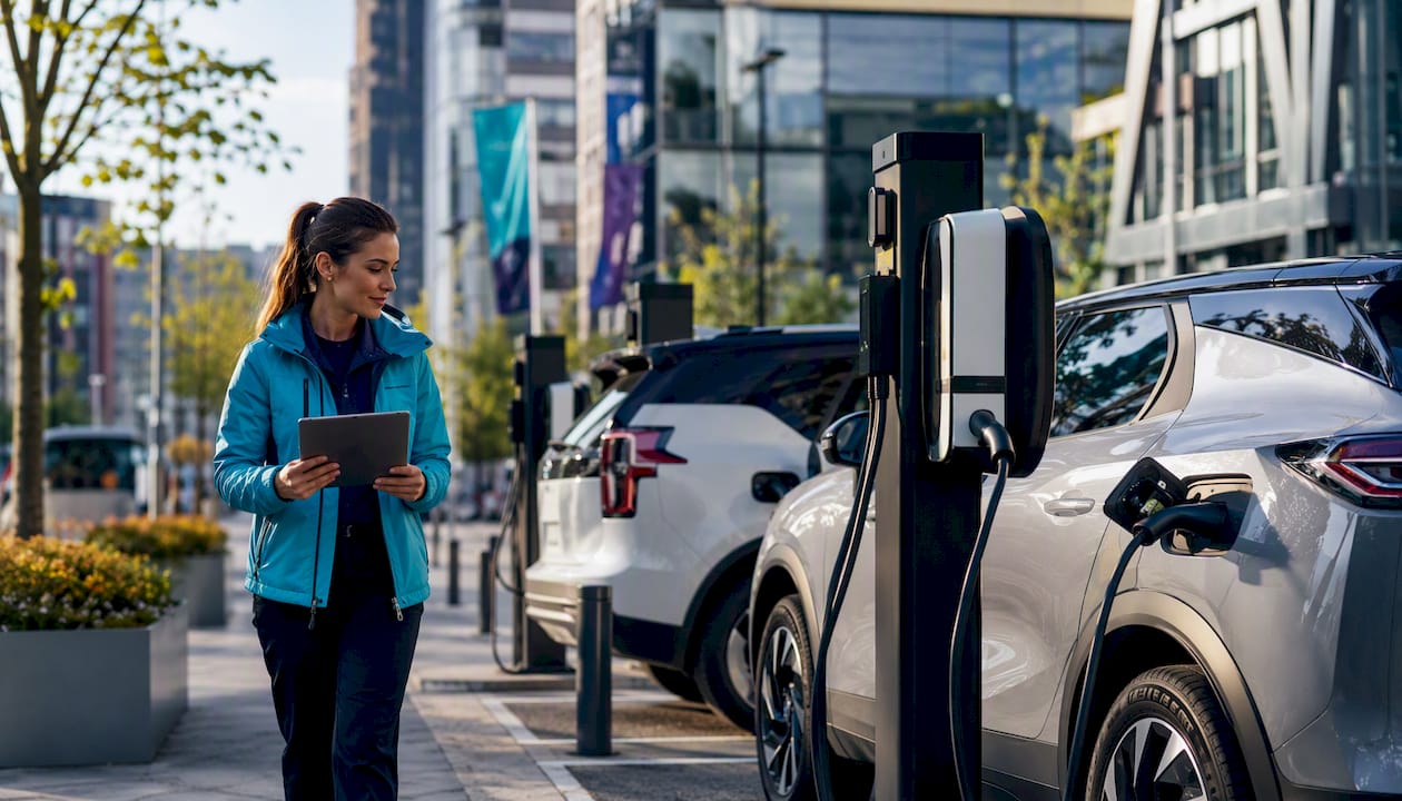 Fleet manager inspecting EV charging stations outdoors