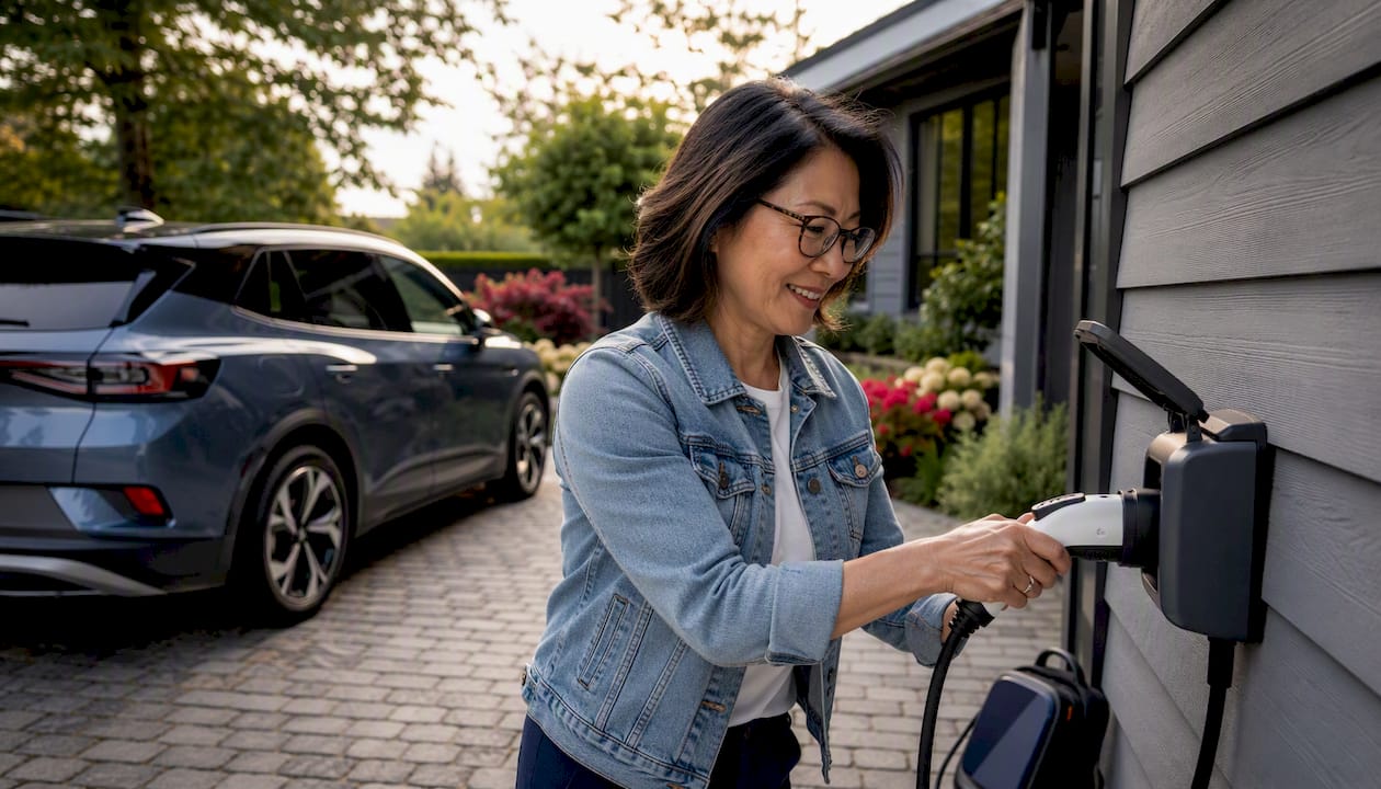 Homeowner plugging portable EV charger into outdoor outlet