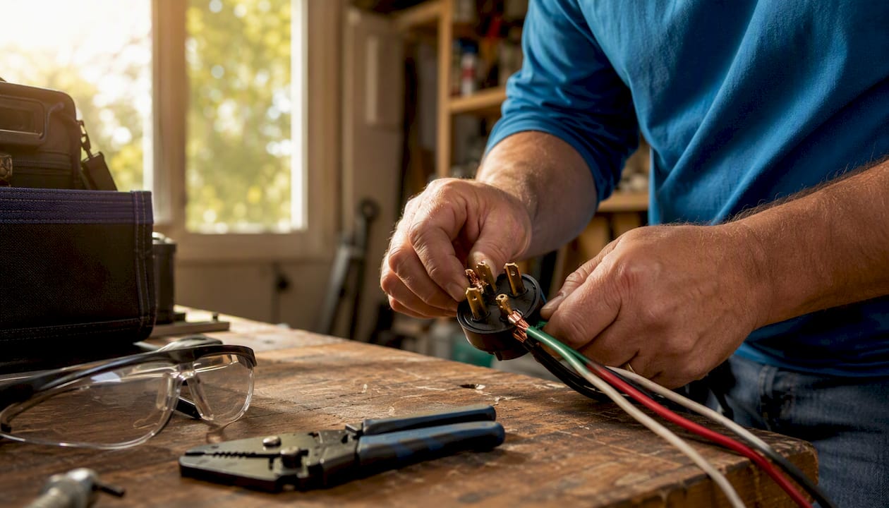 Close-up of hands holding NEMA 14-50 wiring components
