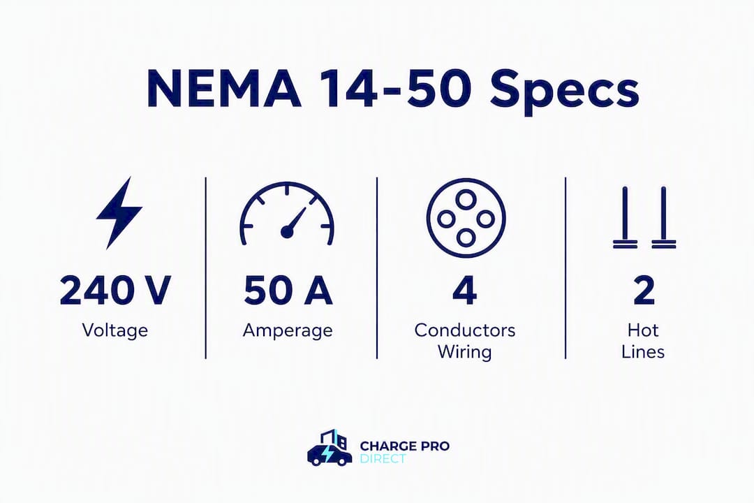 Infographic summarizing NEMA 14-50 electrical specifications