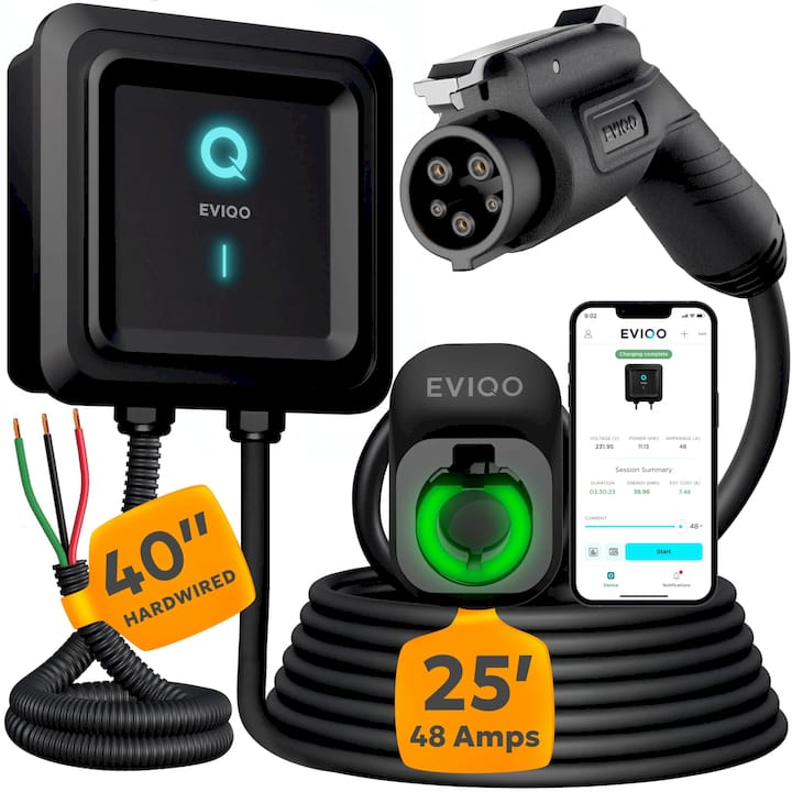 EVIQO Level 2 EV Charger, 48A (50A Max), 240V, Hardwired, J1772 for Non-Tesla EVs