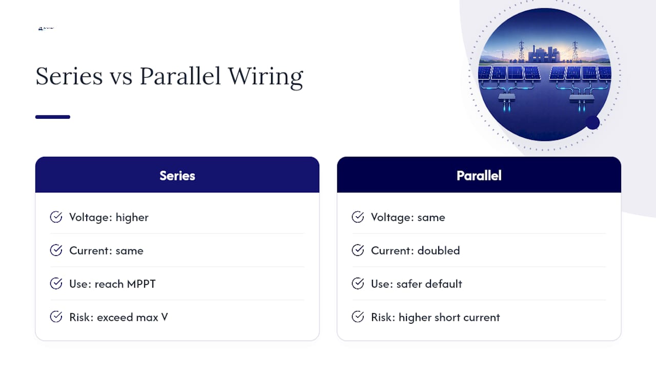 Diagram comparing series and parallel solar panel wiring