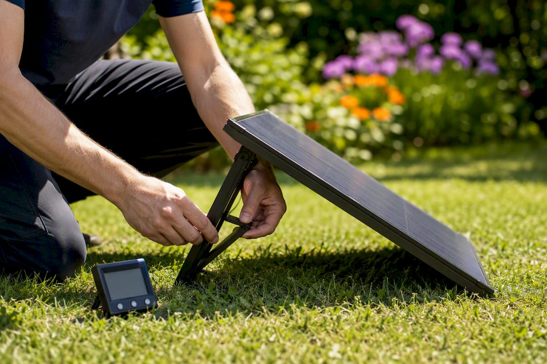 Hands adjusting solar panel tilt angle