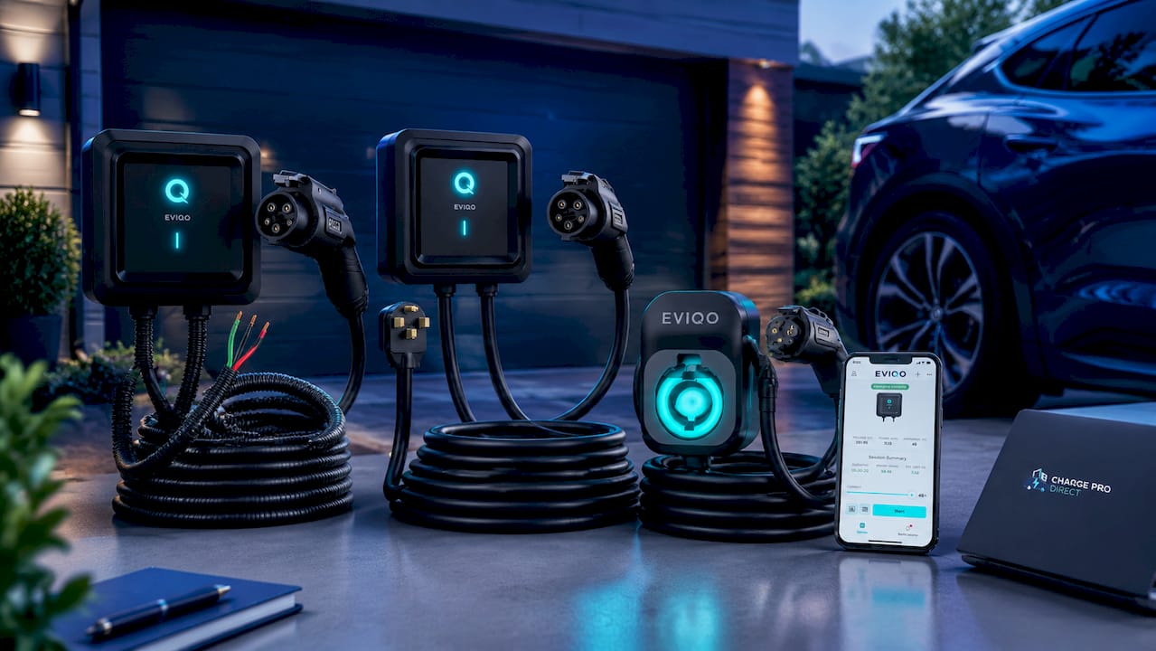 EVIQO Level 2 EV Charger, 48A (50A Max), 240V, Hardwired, J1772 for Non-Tesla EVs