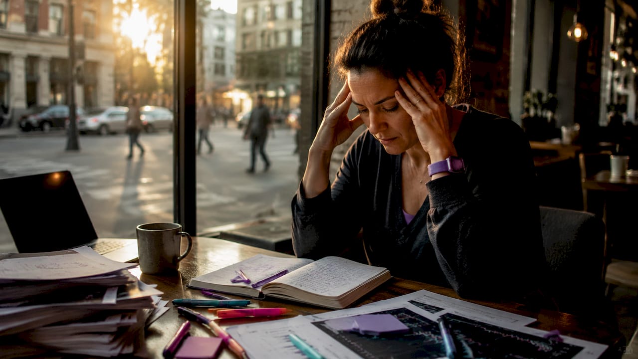 Trader stressed holding head at trading desk