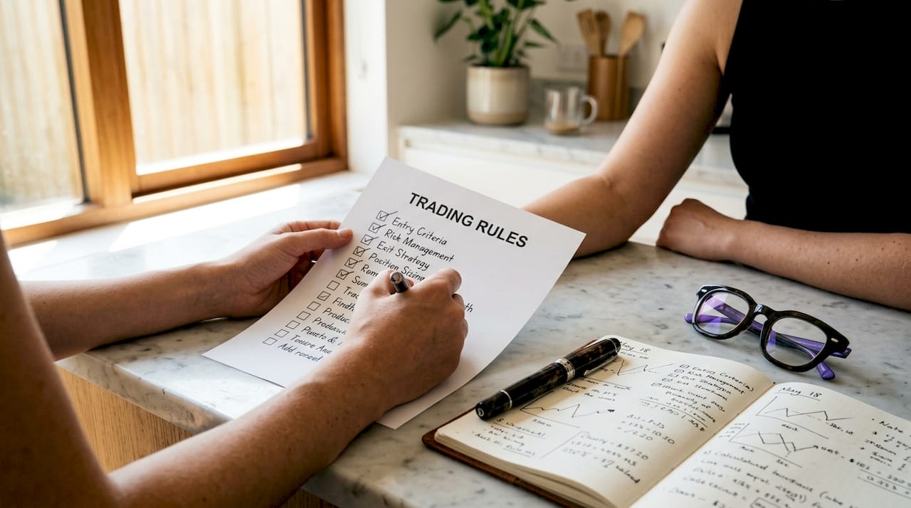 Hands holding trading accountability checklist and journal