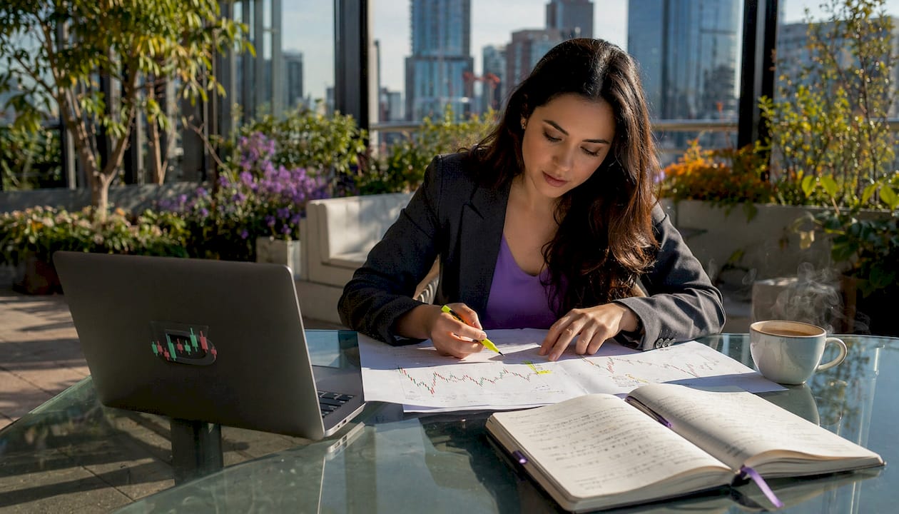 Analyst reviewing market structure charts at home