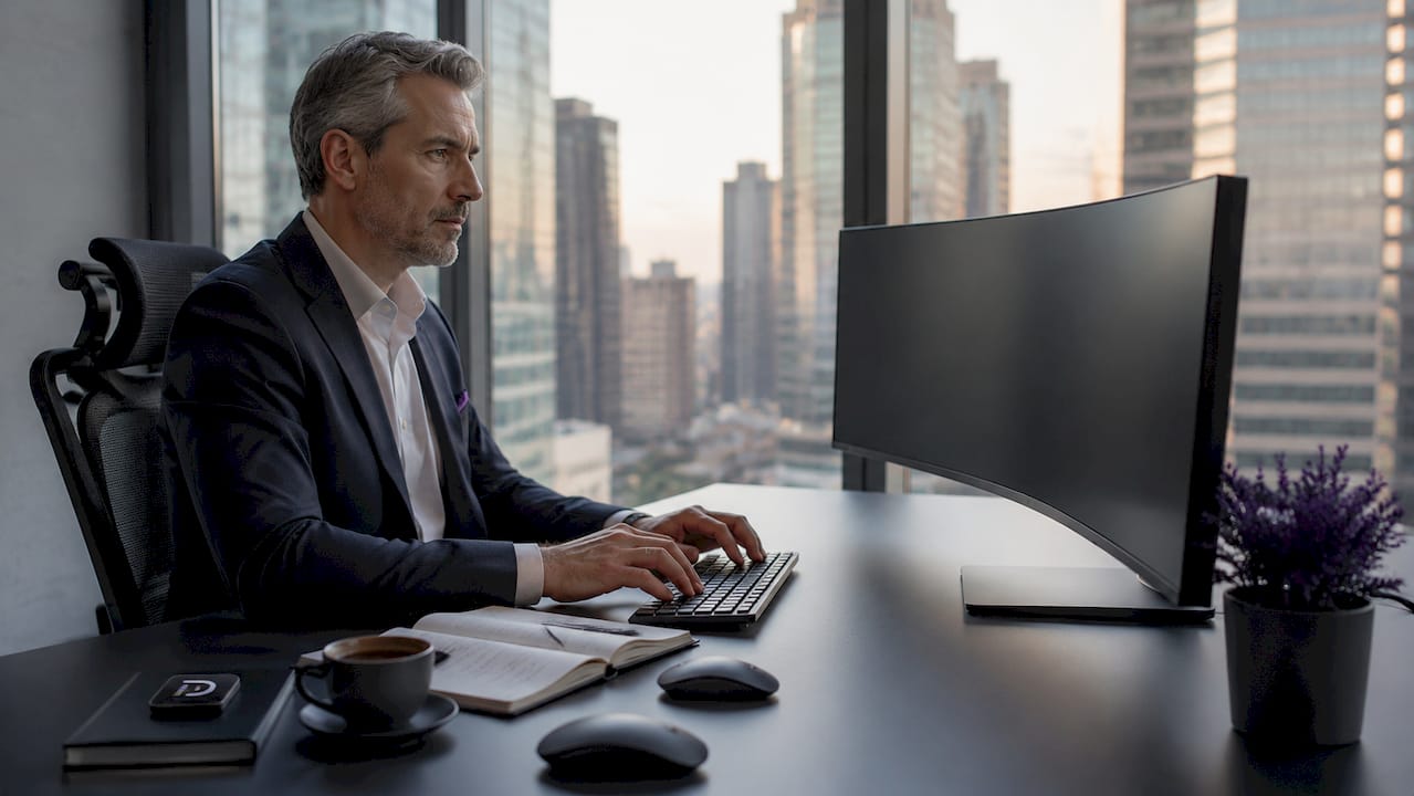 Trader backtesting strategy on computer in corner office