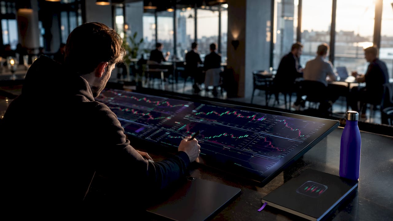 Hands interacting with multi-market trading charts on touchscreen