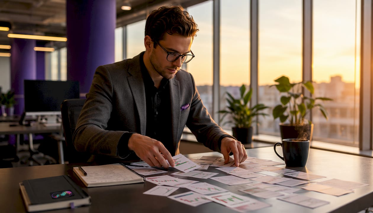 Trader reshuffling Monte Carlo simulation cards at desk