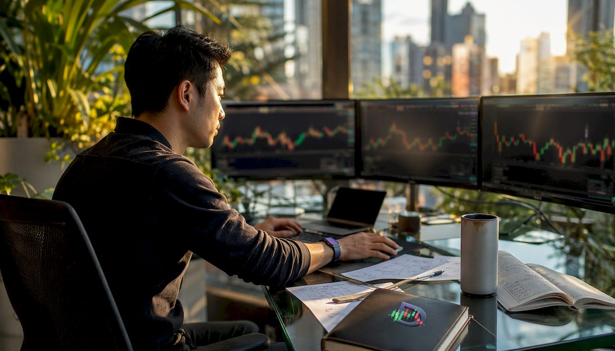 Trader analyzing multiple computer screens in apartment