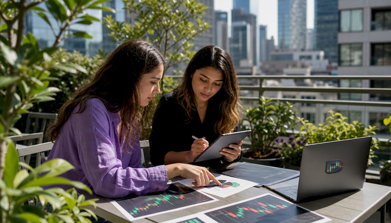 Two analysts discussing financial charts