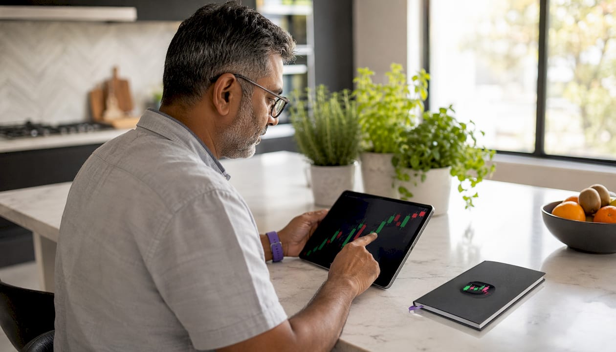 Trader using trade journaling app on tablet in home office
