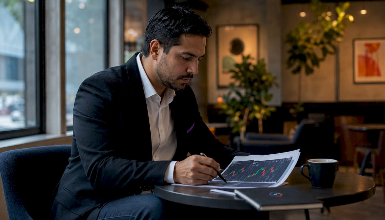 Trader reviewing analytics dashboard in modern office