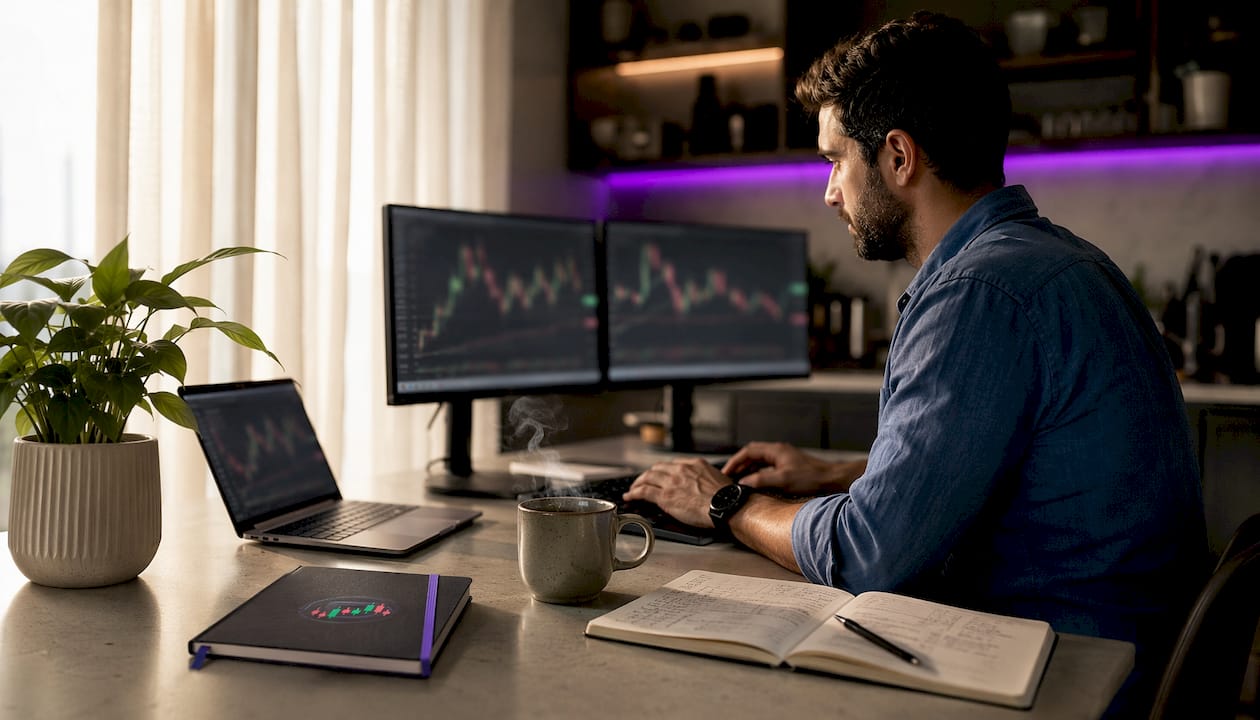 Trader analyzing crypto liquidation data at home desk