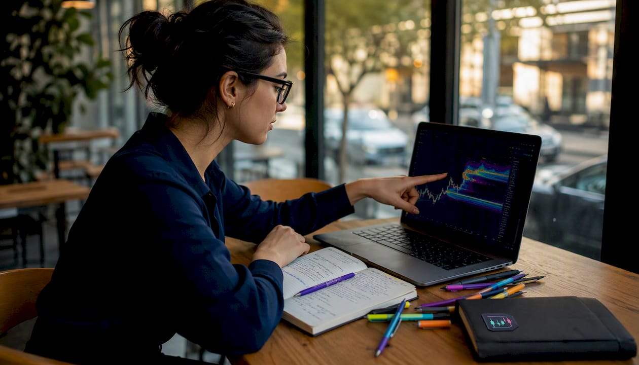 Woman reviewing liquidation heatmap at standing desk