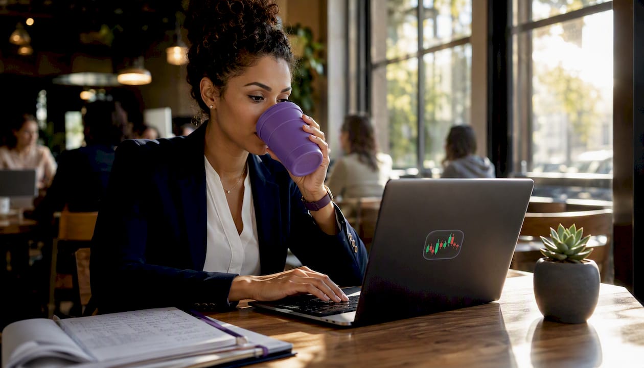 Female trader analyzing trading charts at home office
