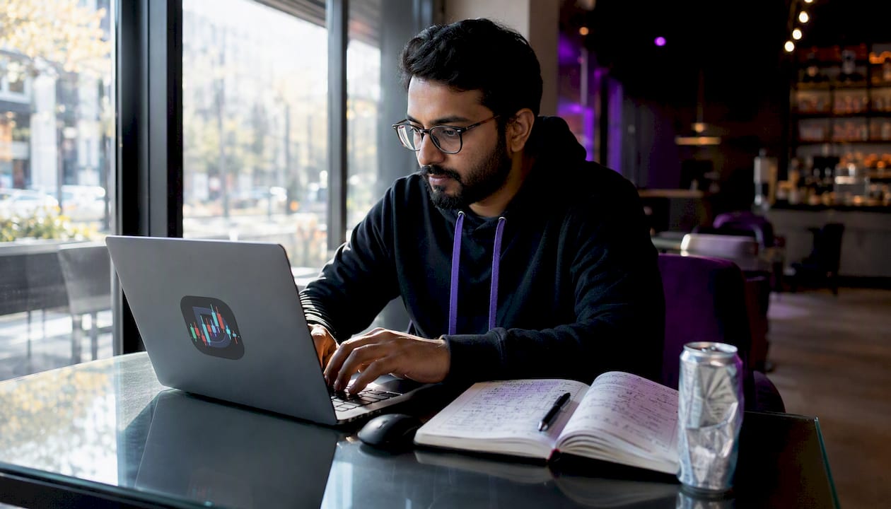 Man coding algorithmic trading strategy at desk