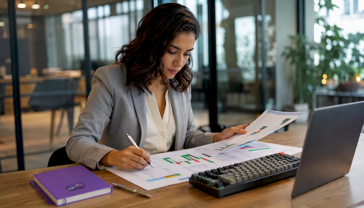 Hands typing and reviewing charts on desk