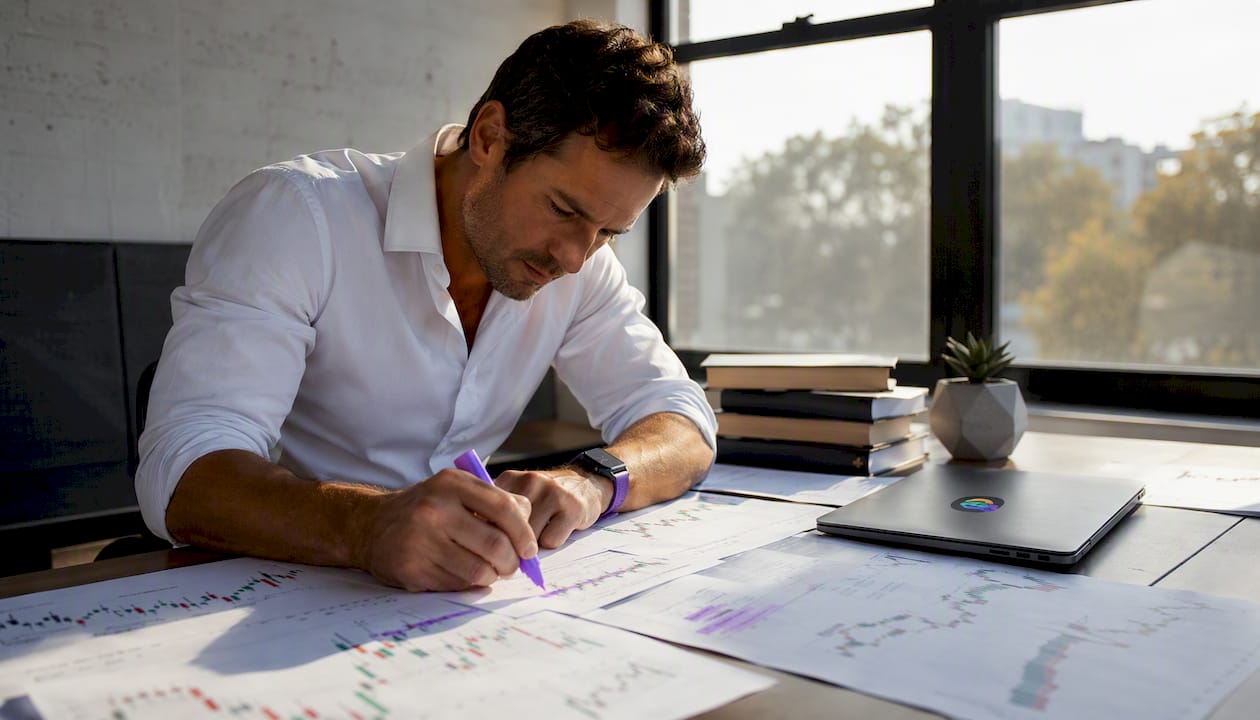 Trader marking paper charts at home office desk