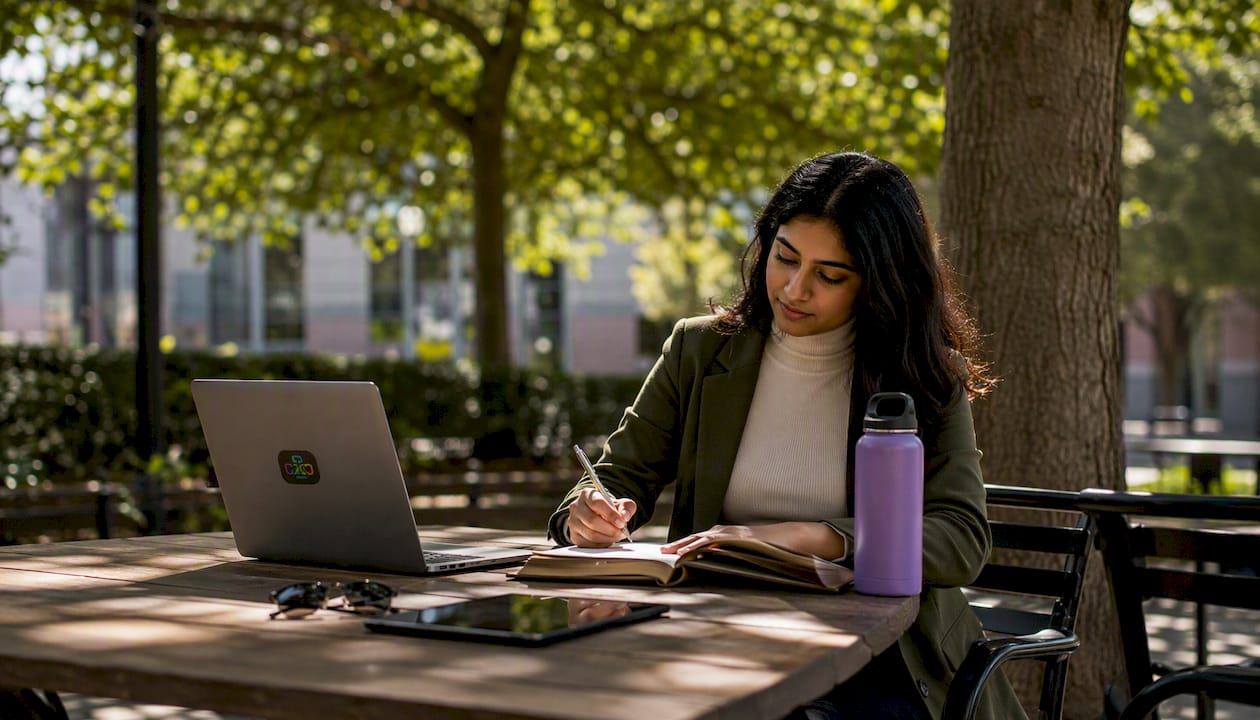 Woman journaling forward test notes in café