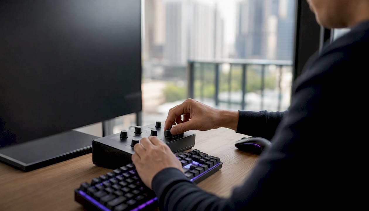 Hands adjusting trading controls on desk