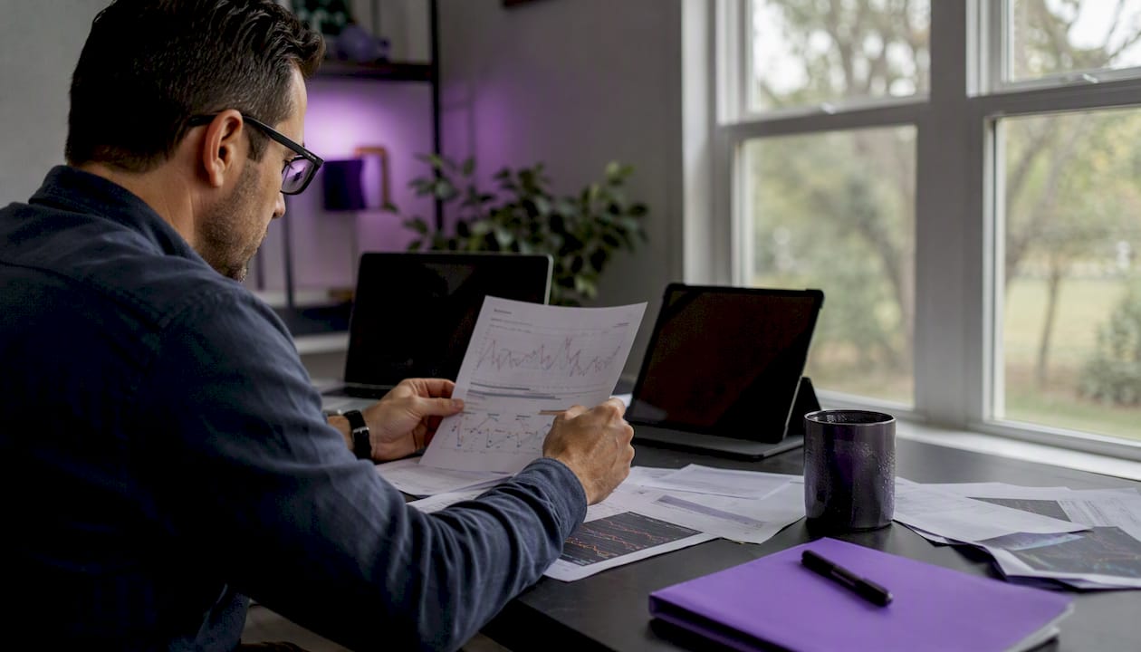 Hands reviewing crypto trade charts at desk