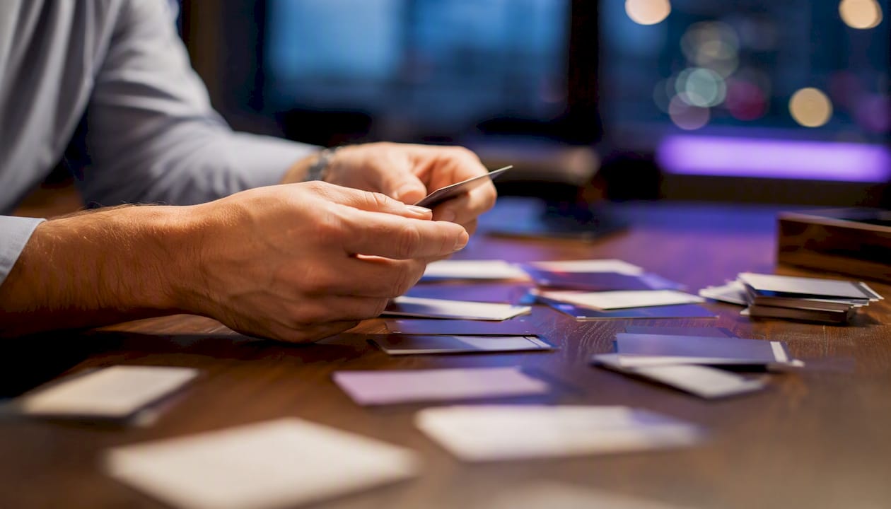 Hands sorting multiple trading broker cards