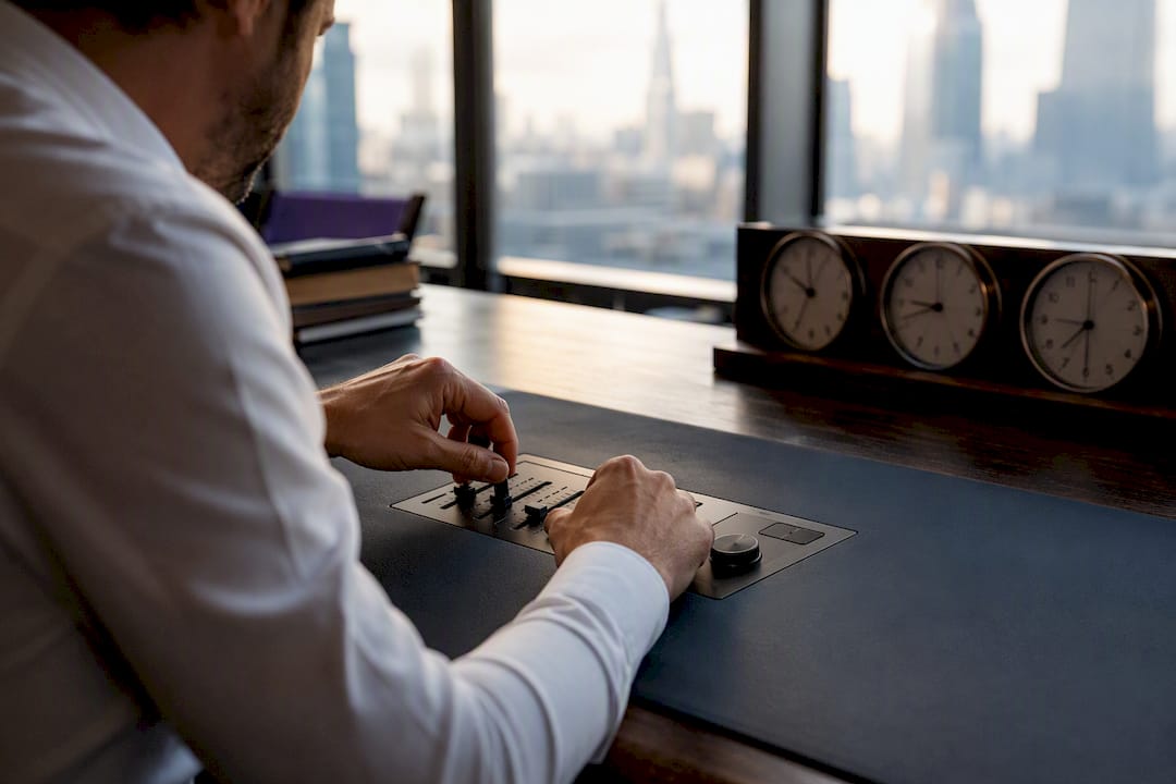 Trader hands adjusting controls at desk