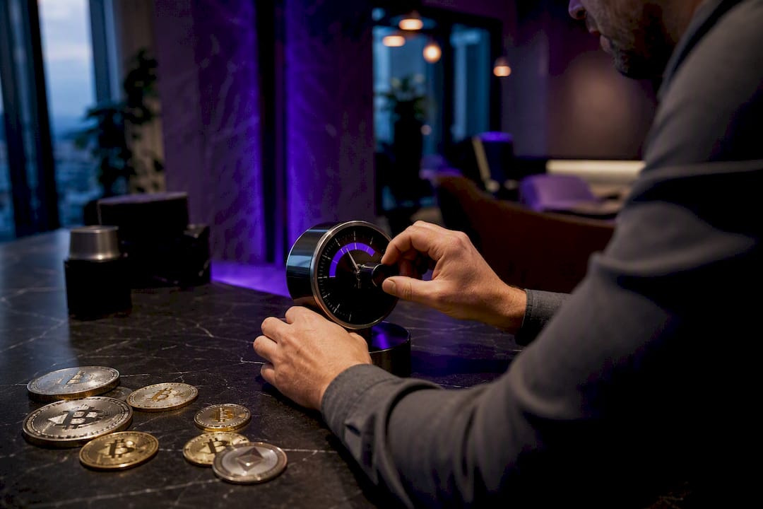 Hands adjusting volatility gauge dial