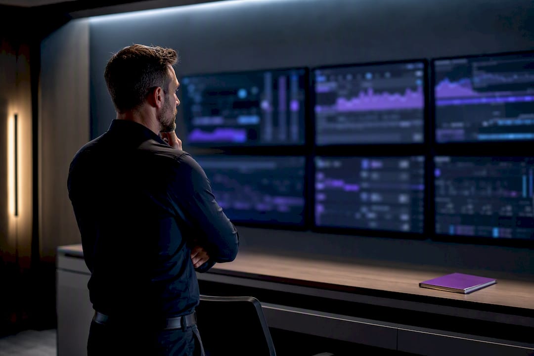 Trader reviewing execution performance displays