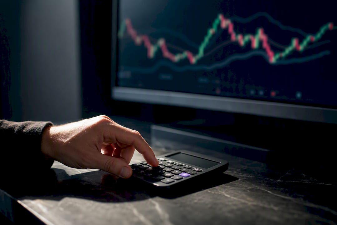Trader calculating position size beside market chart