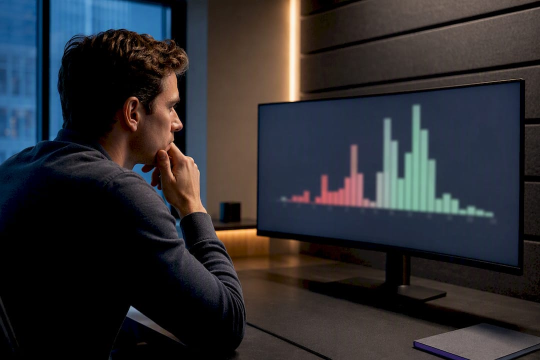 Trader reviewing an R-multiple distribution histogram