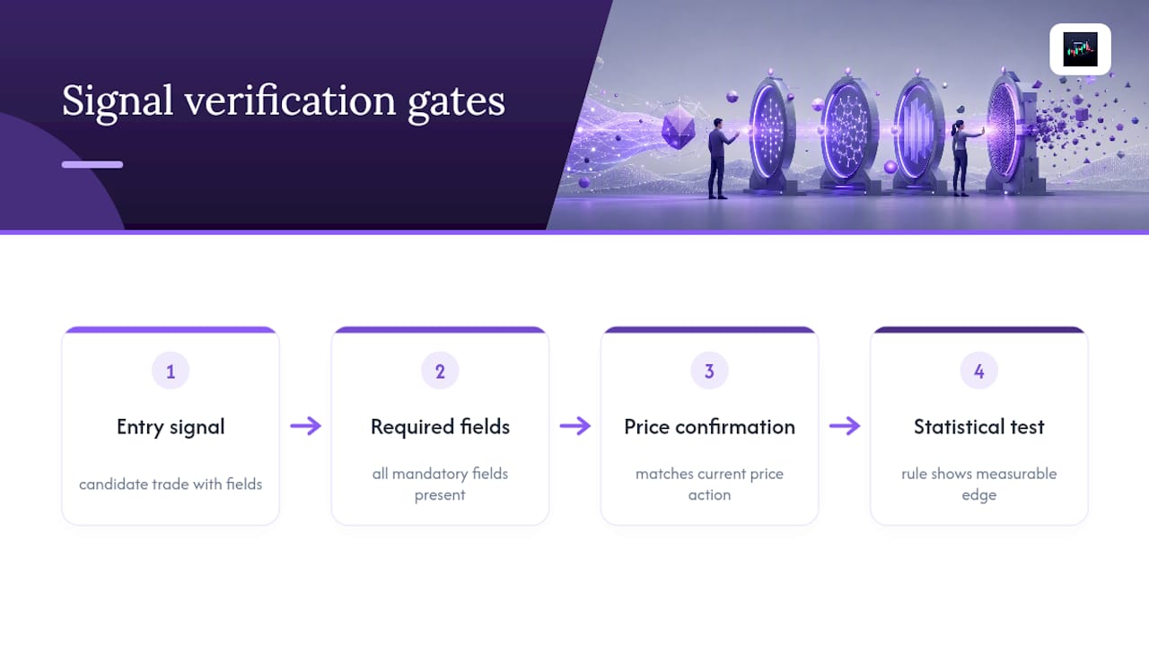 Three gates for verifying trading signals