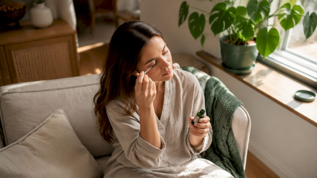Woman applying gentle serum to lashes at home