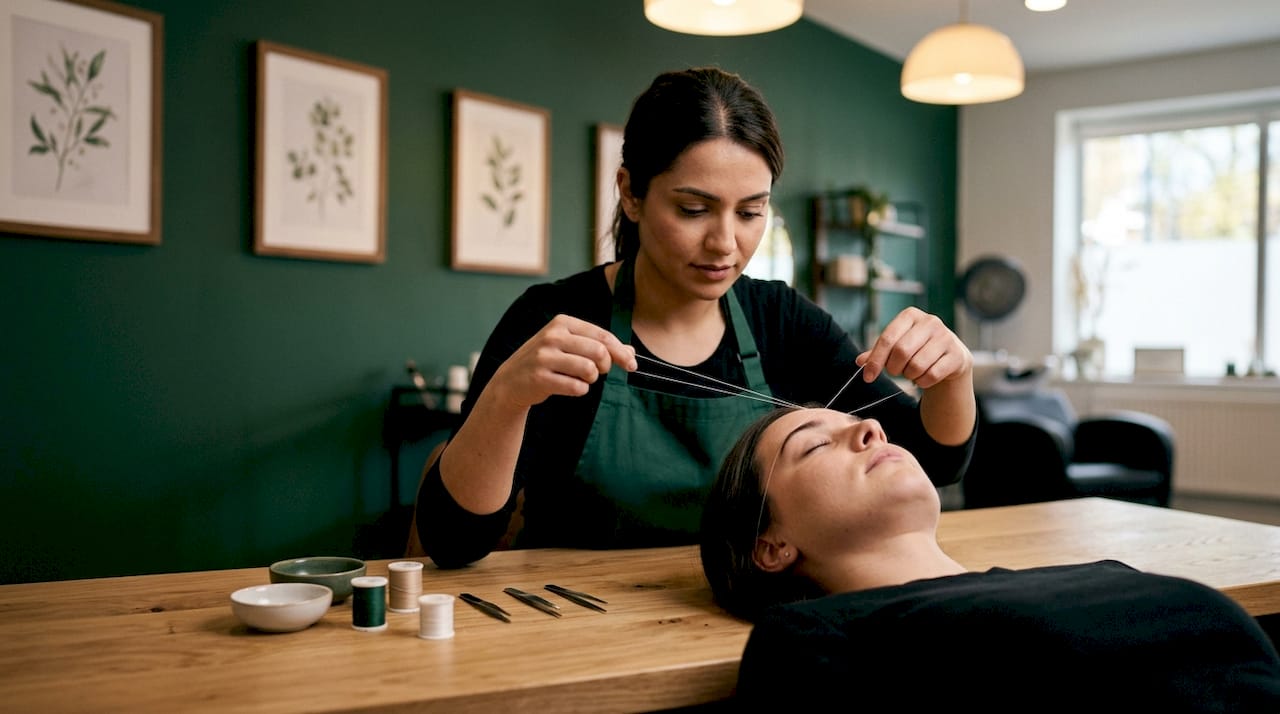 Hands demonstrating brow threading technique