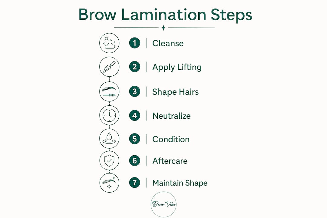 Infographic illustrating the steps of brow lamination and aftercare