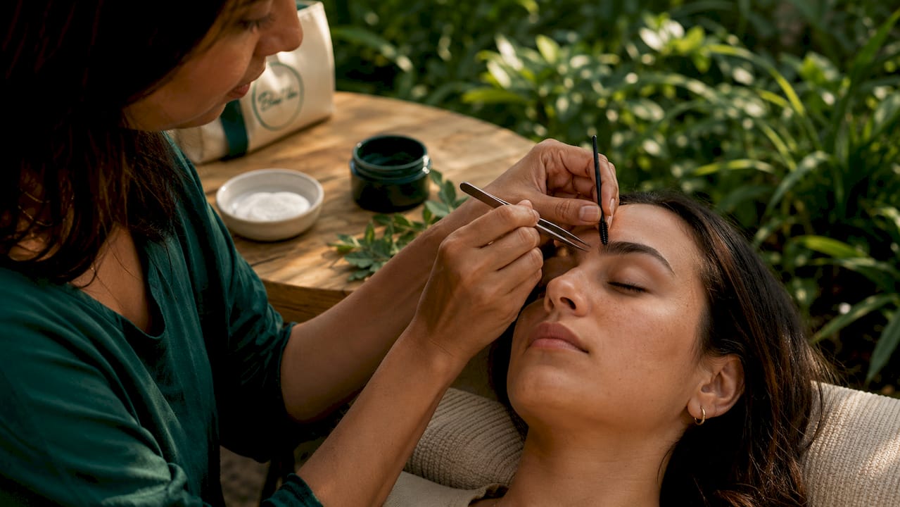 Hands using tweezers and spoolie brush on eyebrows