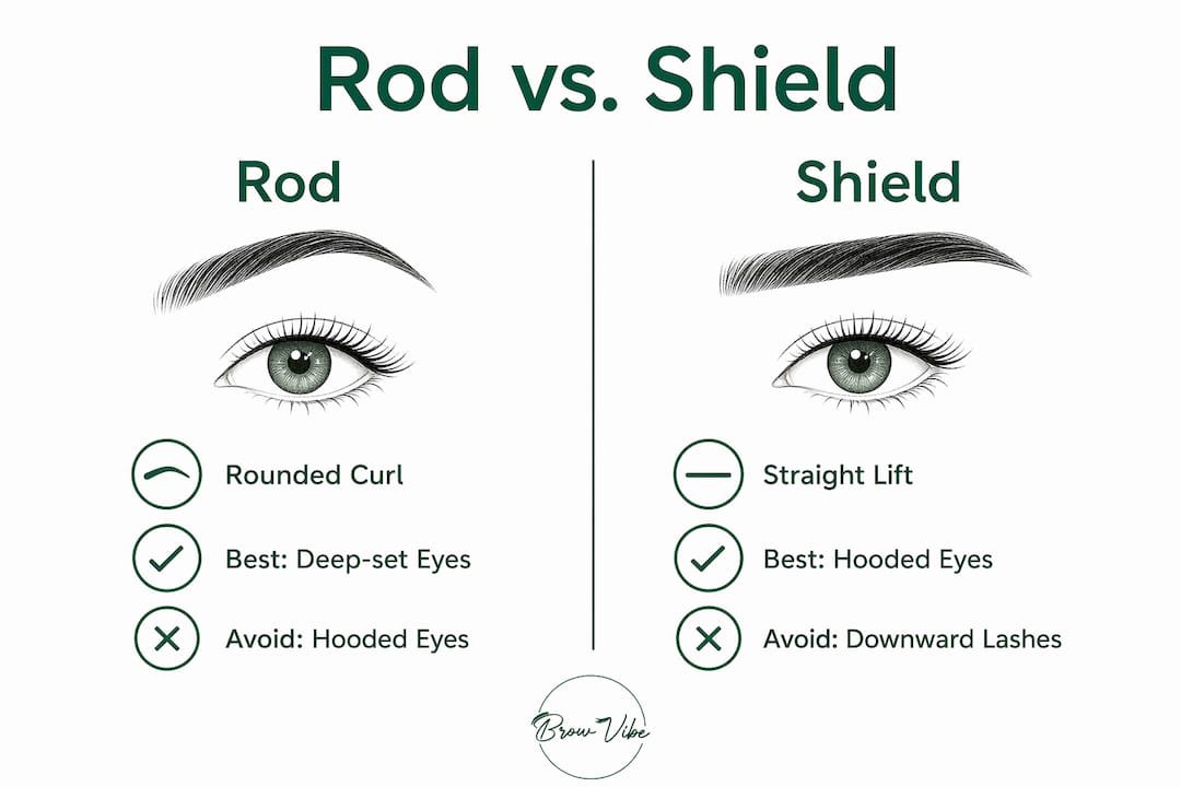 Infographic comparing rod and shield lash lift tools