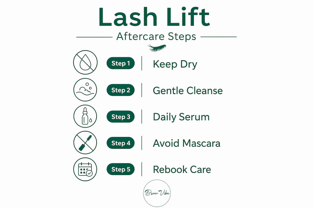 Infographic showing 5 key lash lift aftercare steps