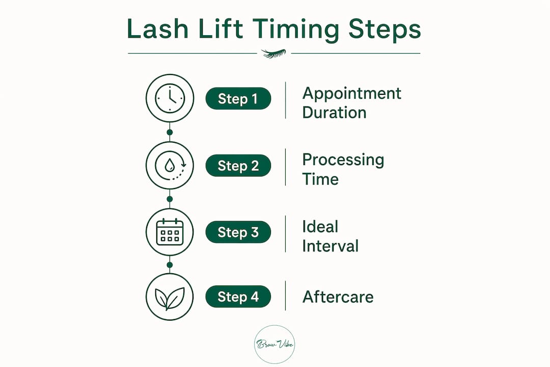 Infographic showing lash lift timing steps with key stages