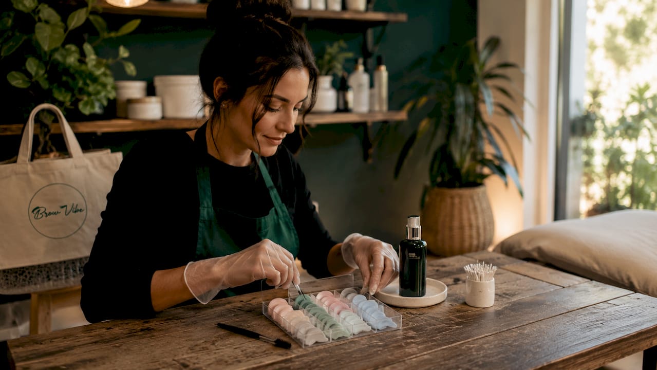 Hands with lash lift products and silicone rods