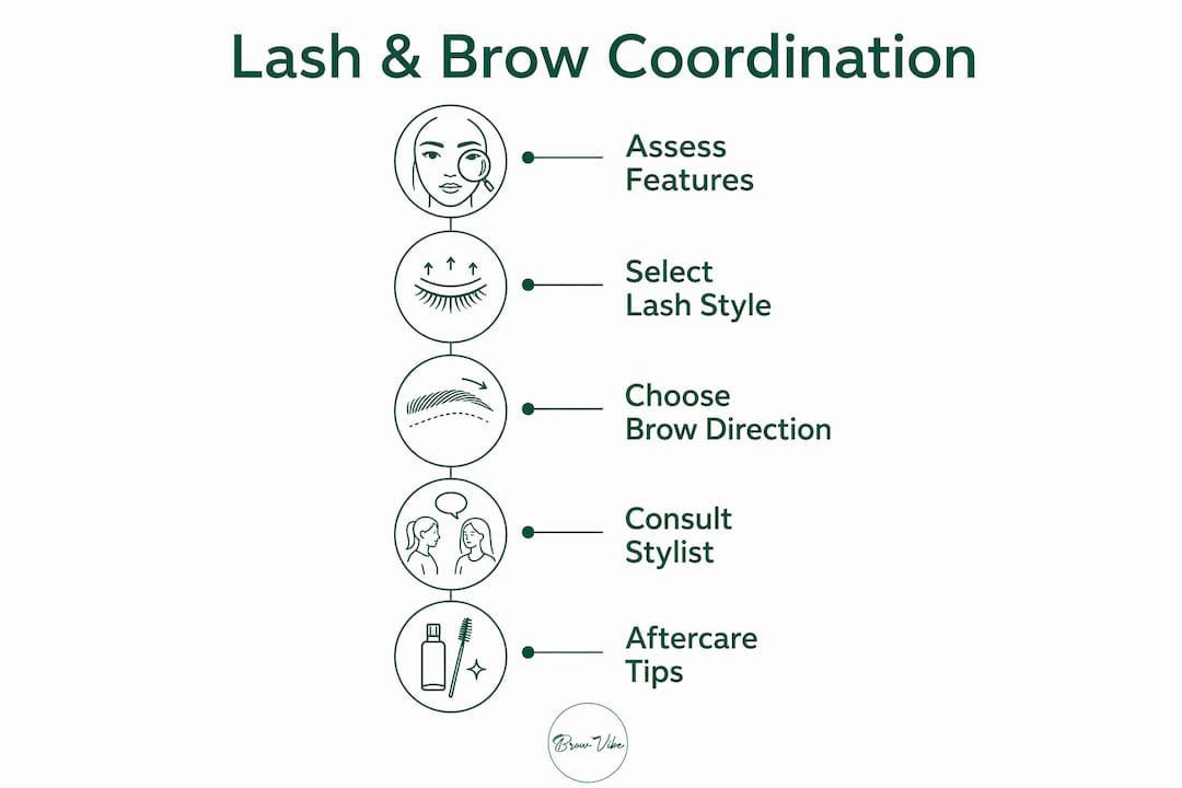 Infographic illustrating lash lift and brow framing coordination steps