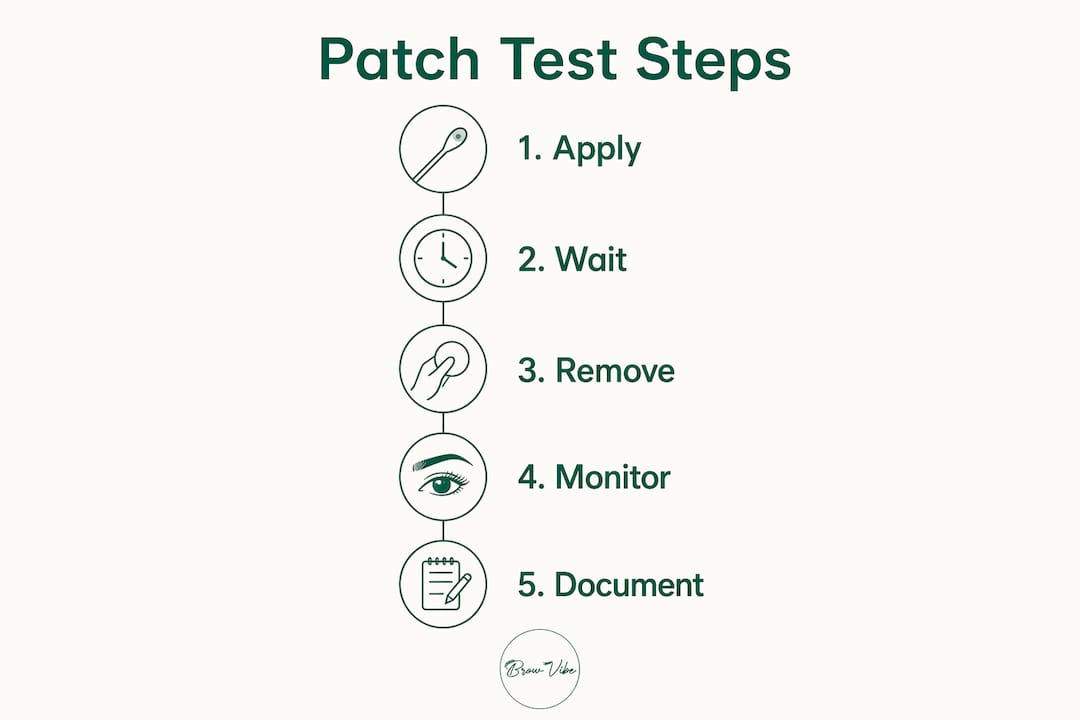 Infographic illustrating lash lift patch test steps from application to documentation