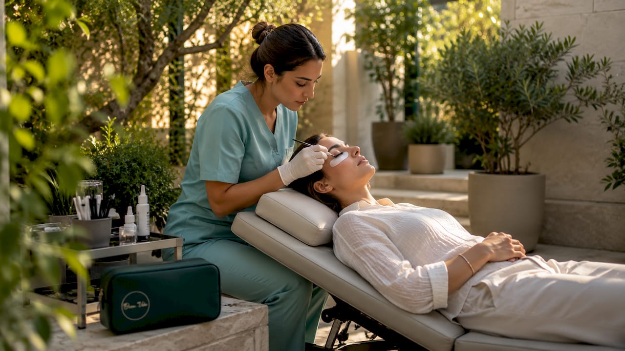 Technician applying lash lift solution precisely
